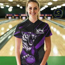 Load image into Gallery viewer, Custom Black And Purple Tiger Bowling Women Shirt, Bowling League Shirt Bowler Uniform IPHW10778