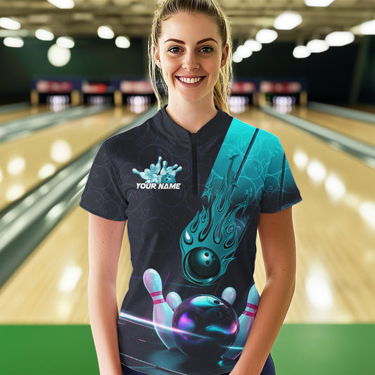 Custom Black And Blue Flame Bowling Women Quarter-Zip Shirt, Holographic Bowling Shirt IPHW8902