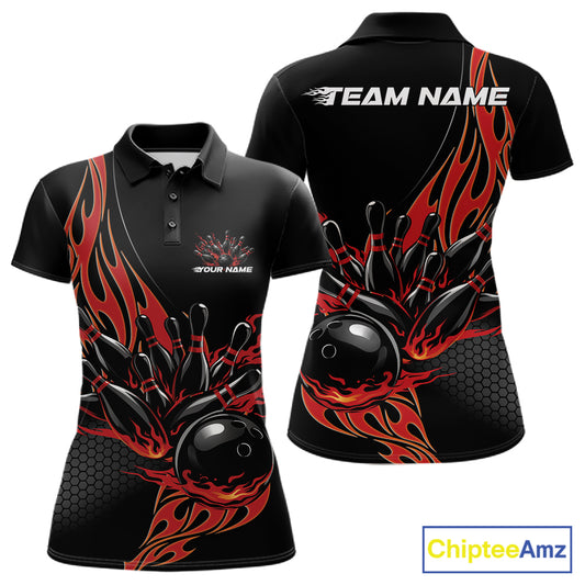 Front and back view mockup of a women’s black polo shirt featuring a red flaming black bowling ball striking pins in a bold sports apparel design.