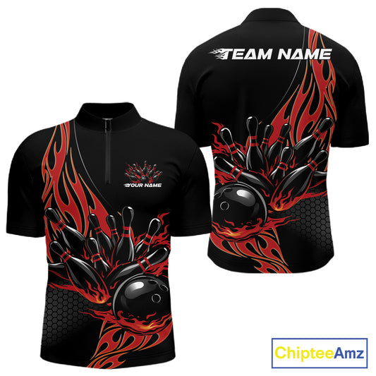 Front and back apparel mockup of black men’s quarter zip shirt with red flaming black bowling ball striking pins in powerful bowling strike illustration.