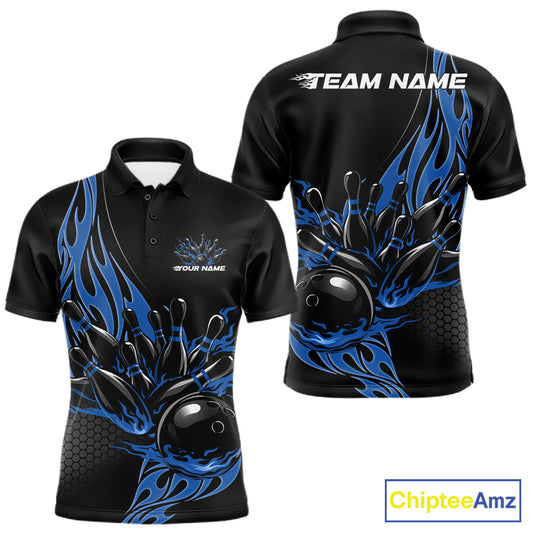 Front and back view mockup of a men’s black polo shirt featuring a blue flaming black bowling ball striking pins in a clean, modern sports apparel style.