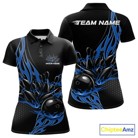 Front and back view mockup of a women’s black polo shirt featuring a blue flaming black bowling ball striking pins in a modern sports apparel design.