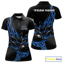 Load image into Gallery viewer, Custom Blue Flame Bowling Women Polo Shirt, Team Jerseys Bowling League Shirt IPHW11282