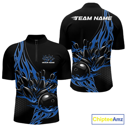 Front and back mockup of men’s black quarter zip shirt with blue flaming black bowling ball striking pins in high-energy sports apparel presentation.