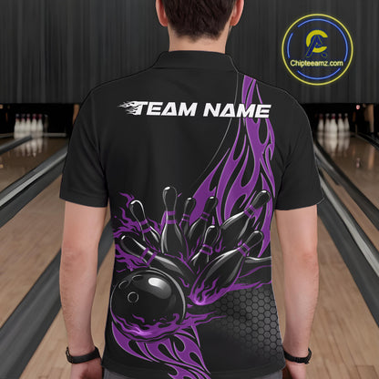 Male model seen from the back in a bowling lane wearing a black polo shirt featuring a purple flaming black bowling ball striking pins in a dynamic motion design.
