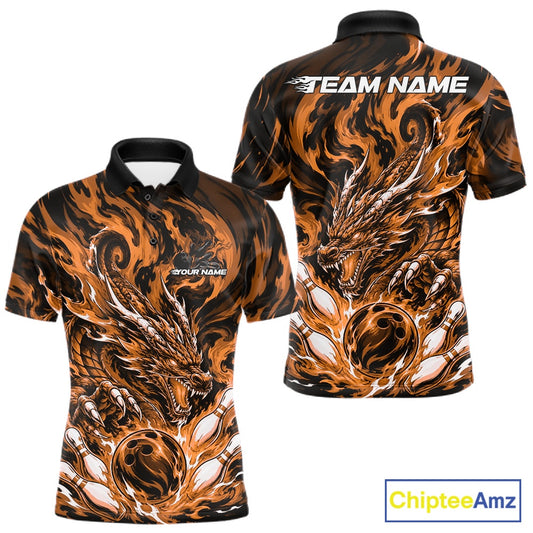 Custom bowling shirt featuring bright orange dragon, fiery abstract graphics, bowling pins, a bowling ball, front name personalization, and back team name.
