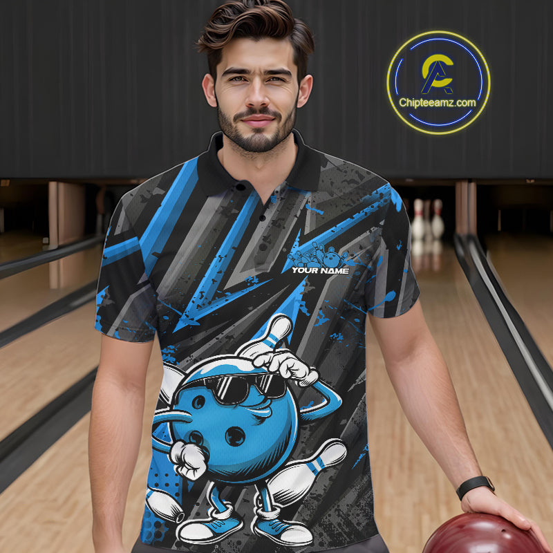 Black And Blue Funny Custom Bowling Jerseys, Cool Bowling Polo Shirts For Men IPHW9362
