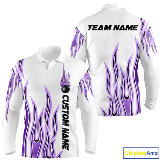 Personalized Flame Bowling Long Sleeve Polo Shirts For Men, Bowling Ball Custom Team Shirt IPHW4986