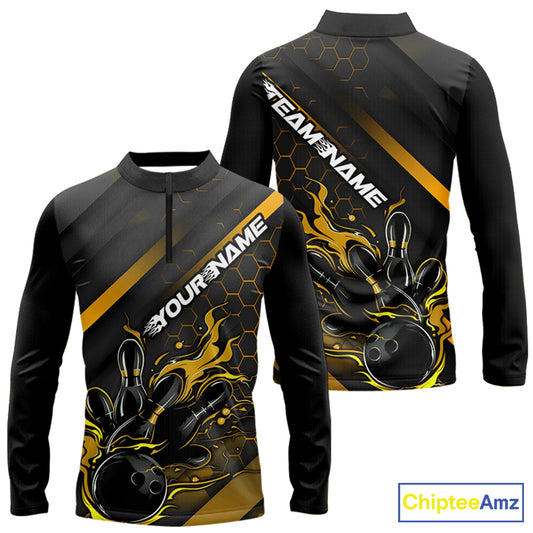 Custom Black And Gold Flame Bowling Long Sleeve Quarter-Zip Shirts For Men, Bowling League Shirts IPHW7505