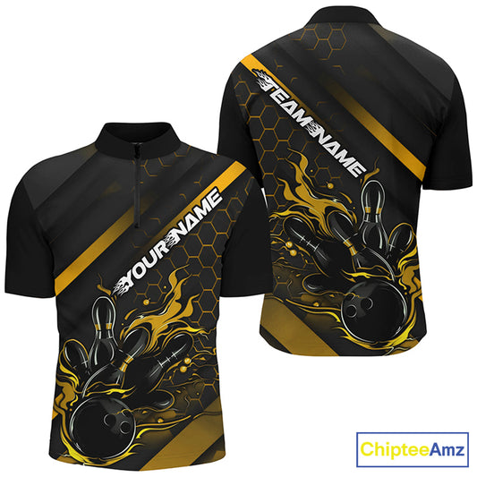 Custom Black And Gold Flame Bowling Shirts For Men, Bowling Team Bowling League Shirts IPHW7505