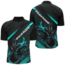 Load image into Gallery viewer, Custom Black And Blue Flame Bowling Shirts For Men, Bowling Team Bowling League Shirts IPHW7507