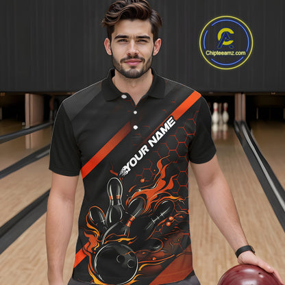 Custom Black And Orange Flame Bowling Shirts For Men, Bowling Team Bowling League Shirts IPHW7508