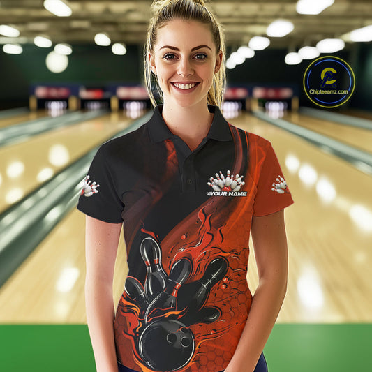 Custom Black And Orange Flame Bowling Polo Shirt For Women, Bowling Team League Shirt IPHW9873