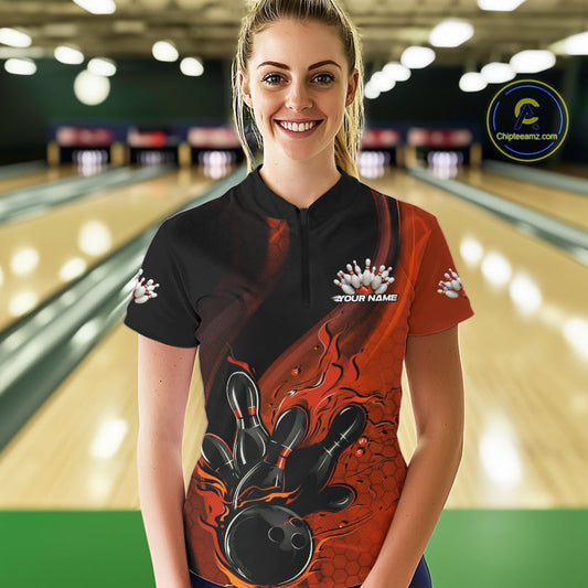 Custom Black And Orange Flame Bowling Women Quarter-Zip Shirt, Bowling Team League Shirt IPHW9873