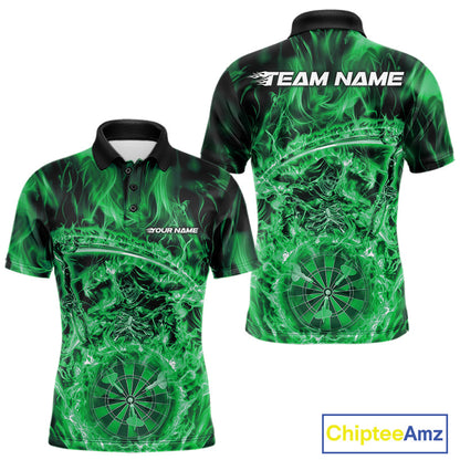 Custom Black And Green Flame Grim Reaper Dart Team Men Polo Shirts, Halloween Otufit IPHW10038