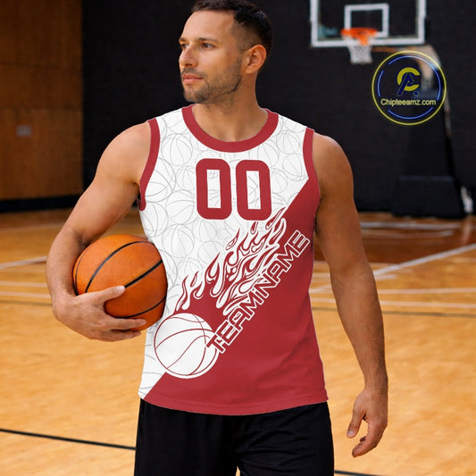 Red Flame Basketball Ball Team Shirts, Custom Name Team Name Basketball Jerseys IPHW10513