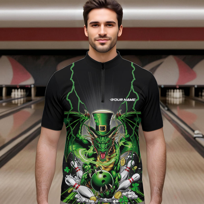 Custom Black And Green St Patricks Dragon Bowling Quarter-Zip Shirts For Men, Lucky Dragon Bowling IPHW8609