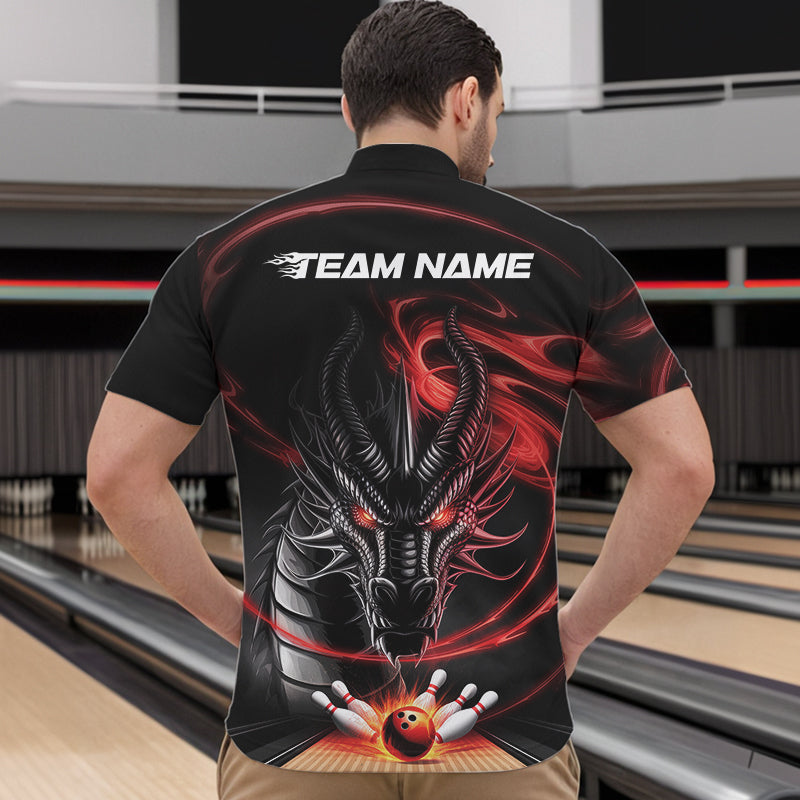 Custom Black And Red Flame Dragon Bowling Team Men Quarter-Zip Shirts, Bowling League Shirt IPHW8911