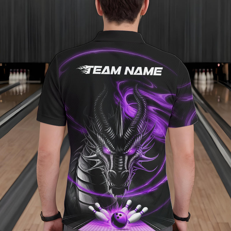 Custom Black And Purple Flame Dragon Bowling Team Men Polo Shirts, Bowling League Shirt IPHW8912