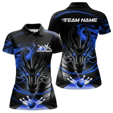 Load image into Gallery viewer, Custom Black And Blue Flame Dragon Bowling Team Women Polo Shirts, Bowling League Shirt IPHW8913