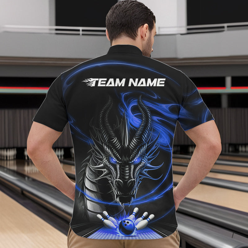 Custom Black And Blue Flame Dragon Bowling Team Men Quarter-Zip Shirts, Bowling League Shirt IPHW8913