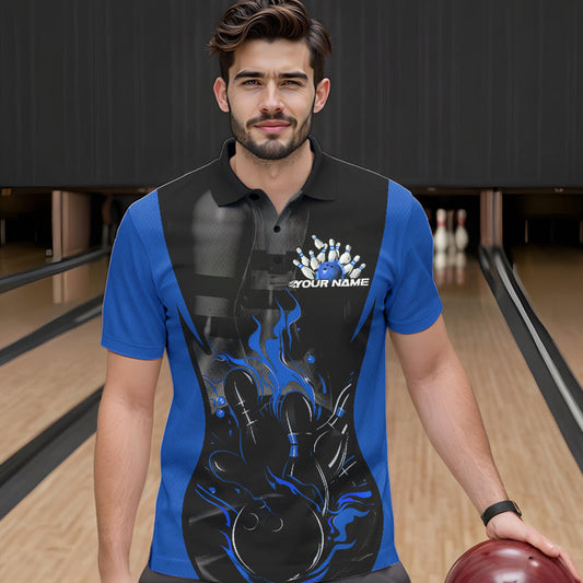 Custom Black And Blue Flame Bowling Polo Shirts For Men, Fire Bowling League Shirt IPHW8620