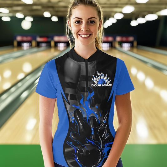 Custom Black And Blue Flame Bowling Quarter-Zip Shirts For Women, Fire Bowling League Shirt IPHW8620