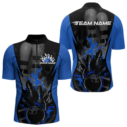 Custom Black And Blue Flame Bowling Quarter-Zip Shirts For Men, Fire Bowling League Shirt IPHW8620