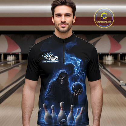 Custom Blue Flame Grim Reaper Bowling Men Quarter-Zip Shirts, Skull Halloween Bowler Outfit IPHW9734