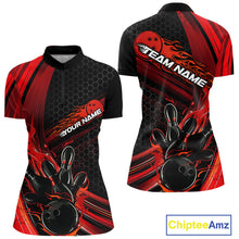 Load image into Gallery viewer, Custom Black And Red Flame Bowling Jerseys, Bowling Team Quarter-Zip Shirts For Women IPHW9884