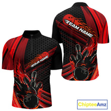 Load image into Gallery viewer, Custom Black And Red Flame Bowling Jerseys, Bowling Team Quarter-Zip Shirts For Men IPHW9884