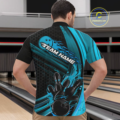 Custom Black And Blue Flame Bowling Jerseys, Bowling Team Quarter-Zip Shirts For Men IPHW9885