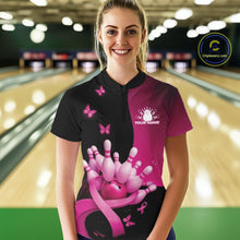 Load image into Gallery viewer, Custom Hope Pink Ribbon Butterfly Bowling Shirt For Women, Breast Cancer Bowling Shirt IPHW11329