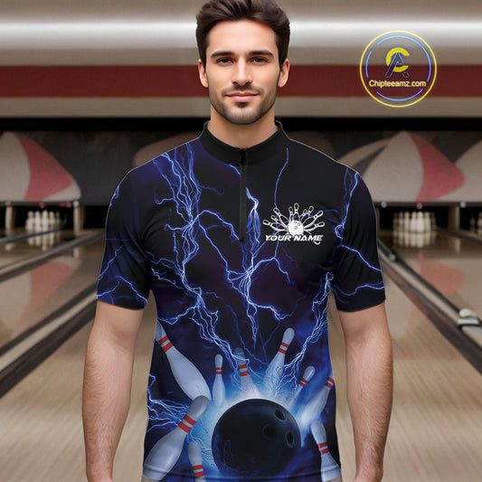 Custom Blue Thunder Lightning Bowling Ball And Pins Quarter-Zip Shirts For Men, Team Uniform IPHW9507