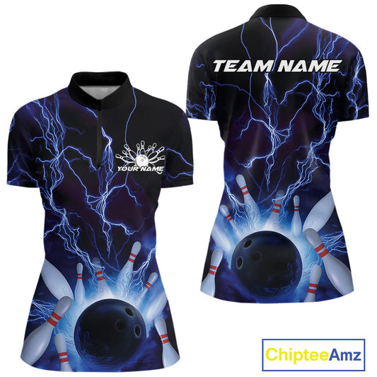 Custom Blue Thunder Lightning Bowling Ball And Pins Women Quarter-Zip Shirt, Team Uniform IPHW9507