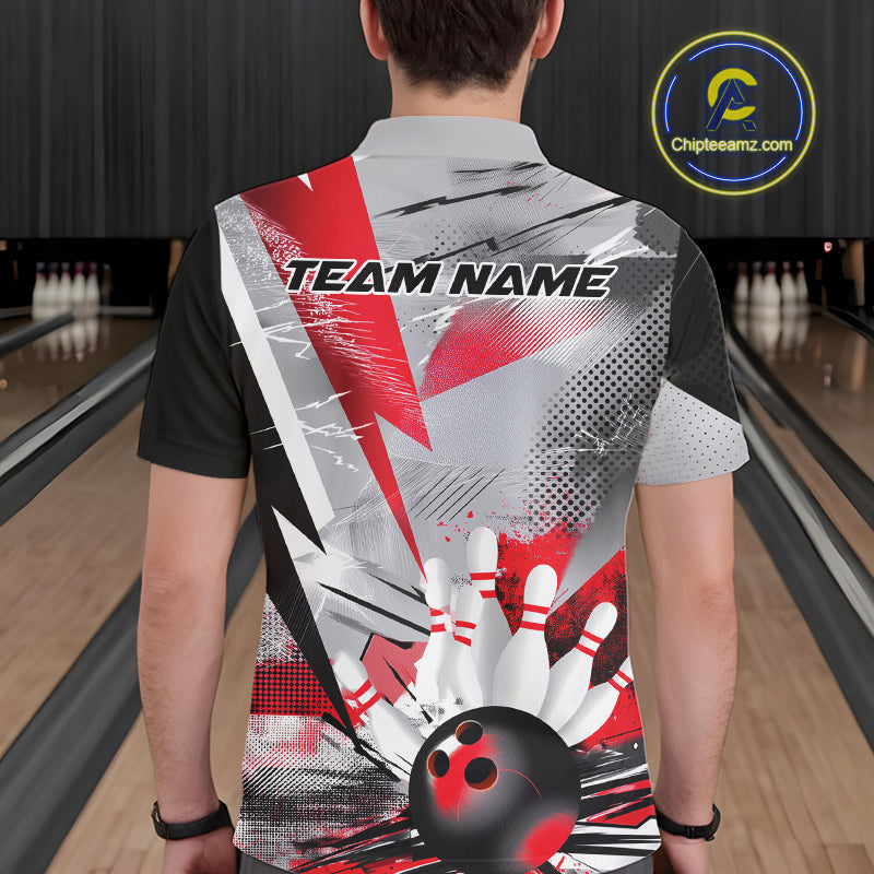 Custom Red And Gray Geometric Bowling Jerseys Bowling Team Polo Shirts For Men IPHW9508