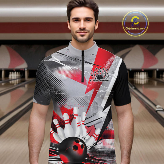 Custom Red And Gray Geometric Bowling Jerseys Bowling Team Quarter-Zip Shirts For Men IPHW9508