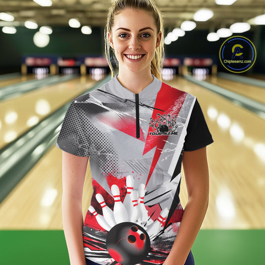 Custom Red And Gray Geometric Bowling Jerseys Bowling Team Quarter-Zip Shirts For Women IPHW9508