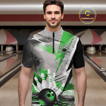 Custom Green And Gray Geometric Bowling Jerseys Bowling Team Quarter-Zip Shirts For Men IPHW9510