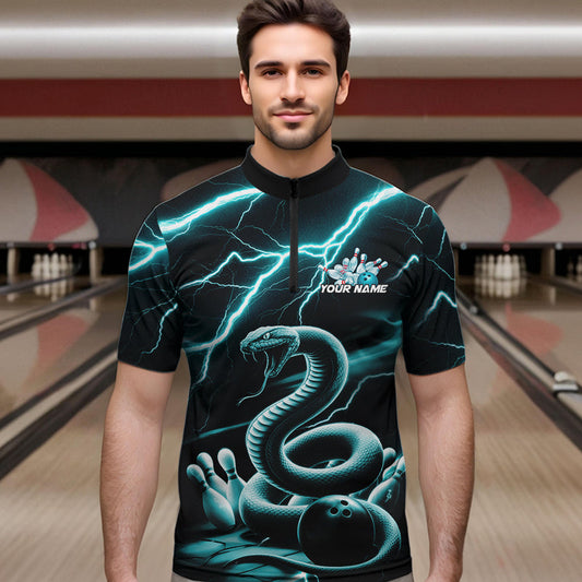 Custom Black And Blue Thunder Lightning Snake Bowling Quarter-Zip Shirts For Men, Team Outfits IPHW8647