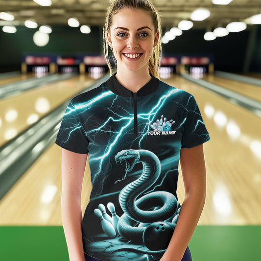 Custom Black And Blue Thunder Lightning Snake Womens Bowling Quarter-Zip Shirt, Team Outfit IPHW8647