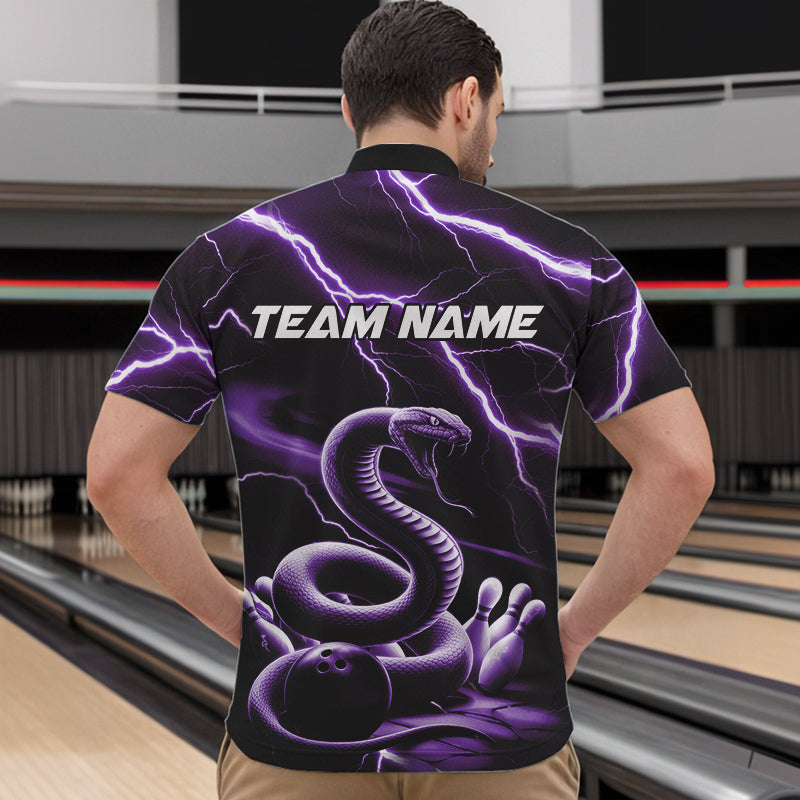 Custom Black And Purple Thunder Lightning Snake Bowling Quarter-Zip Shirts For Men, Team Outfits IPHW8648