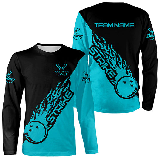 Custom Bowling Long Sleeve Shirts For Men, Bowling Team Shirts Bowling Strike | Ball Blue IPHW4289