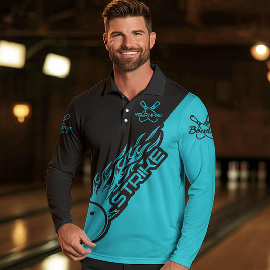 Custom Bowling Long Sleeve Polo Shirts For Men, Bowling Team Shirts Bowling Strike | Ball Blue IPHW4289