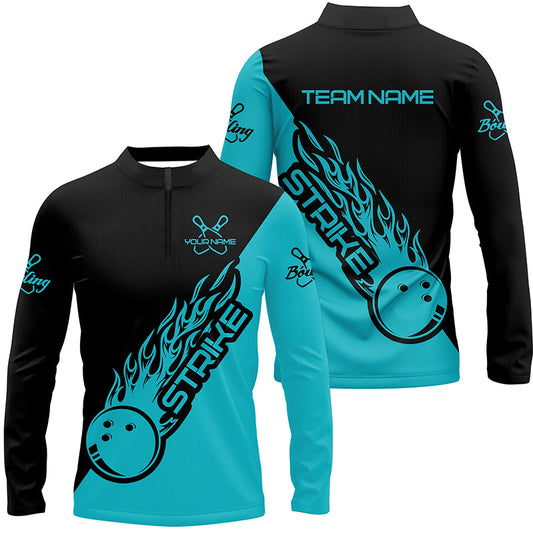 Custom Bowling Long Sleeve Quarter-Zip Shirts For Men, Bowling Team Shirts | Ball Blue IPHW4289