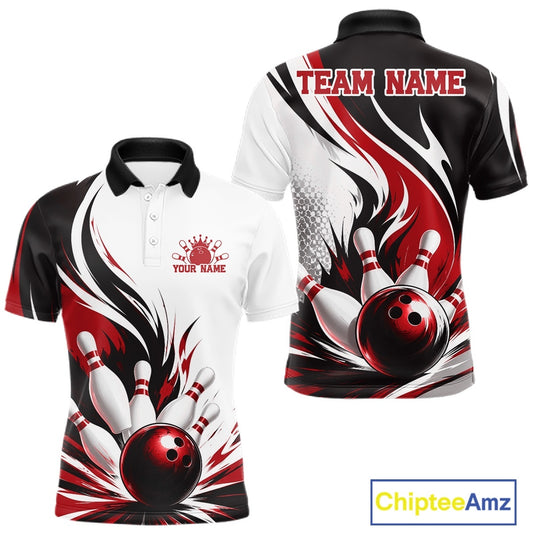 Front and back view of a men's bowling polo shirt mockup featuring a flaming bowling ball striking pins design on a white, black, and red shirt.