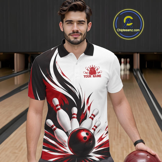 Front view of a male model wearing a white, black, and red bowling polo shirt showcasing a flaming bowling ball striking pins artwork in a bowling lane.