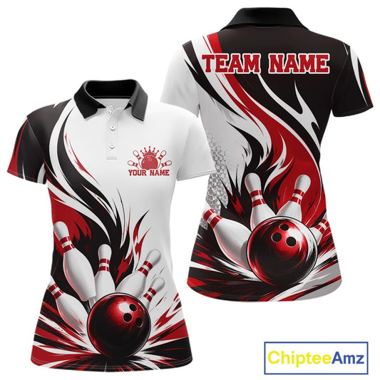 Front and back view of a women's bowling polo shirt mockup featuring a flaming bowling ball striking pins design on a white, black, and red shirt.