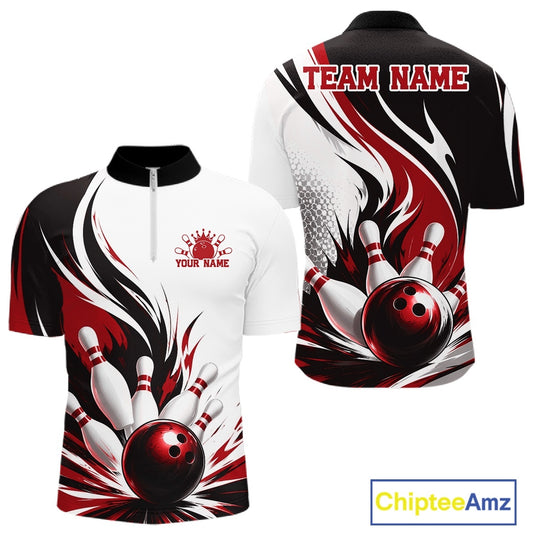 Front and back view of a men's bowling quarter zip shirt mockup showcasing a flaming bowling ball striking pins design on a white, black, and red shirt.