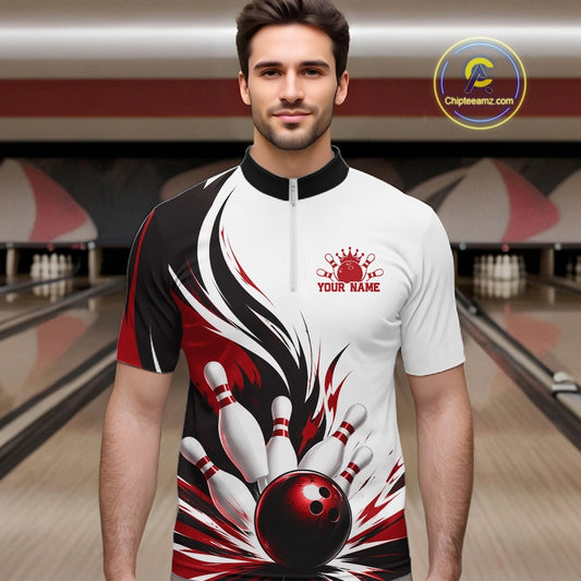 Front view of a male model wearing a white, black, and red bowling quarter zip shirt showcasing a flaming bowling ball hitting the pins artwork in a bowling lane.